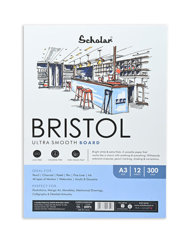 Scholar A3 Bristol Paper Pad - 300 gsm (12 Sheets, Glue Bound) (BRP3)