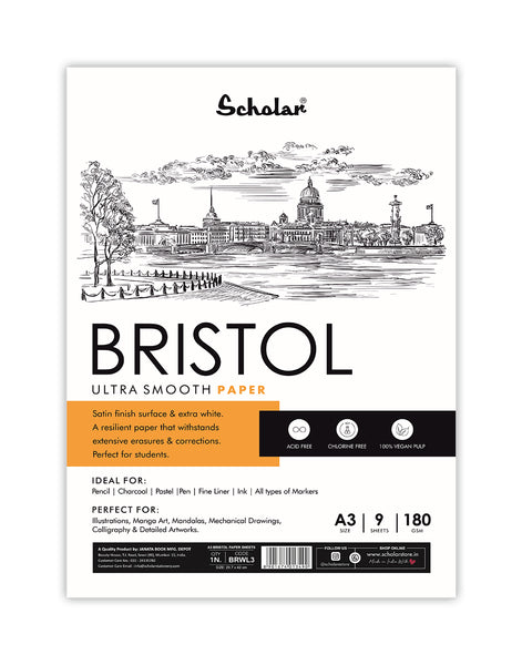Scholar A3 Bristol Paper Loose Sheets -180 gsm (9 Sheets) (BRWL3)