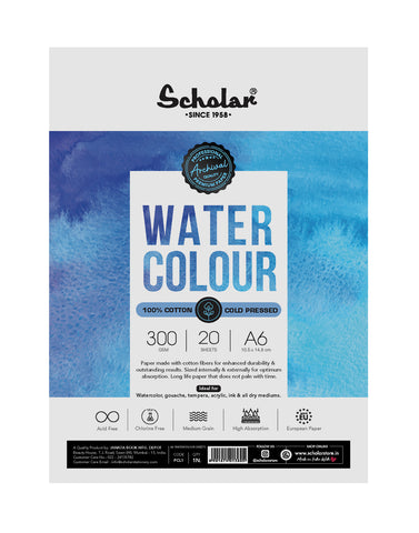 Scholar 100% Cotton Watercolour Paper 300 gsm Cold Pressed A6 20 Sheets (PCL1) (Pack of 2)