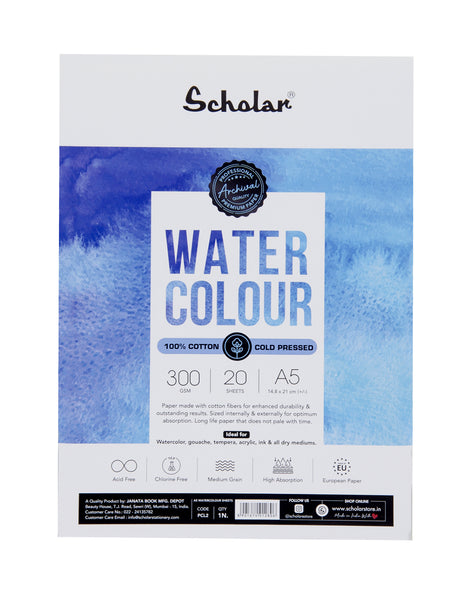 Scholar 100% Cotton Watercolour Paper 300 gsm Cold Pressed A5 20 Sheets (PCL2)