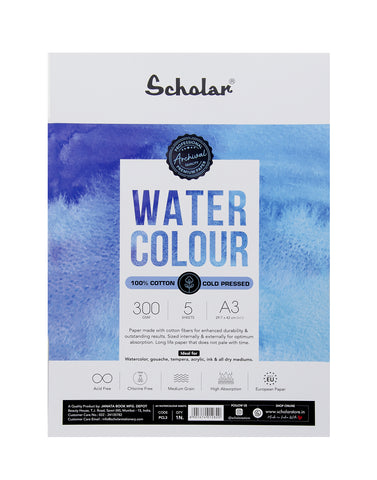 Scholar 100% Cotton Watercolour Paper 300 gsm Cold Pressed A3 5 Sheets (PCL3)