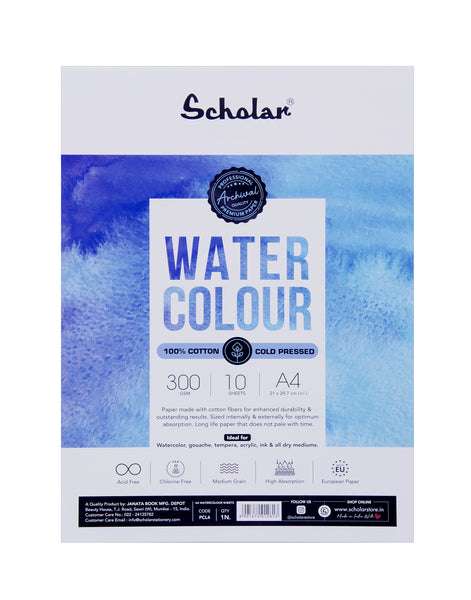 Scholar 100% Cotton Watercolour Paper 300 gsm Cold Pressed A4 10 Sheets (PCL4)