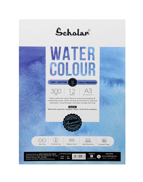 Scholar 100% Cotton Watercolour Pad 300 gsm Cold Pressed A3 12 Sheets (PCP3)