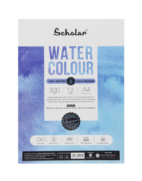 Scholar 100% Cotton Watercolour Pad 300 gsm Cold Pressed A4 12 Sheets (PCP4)