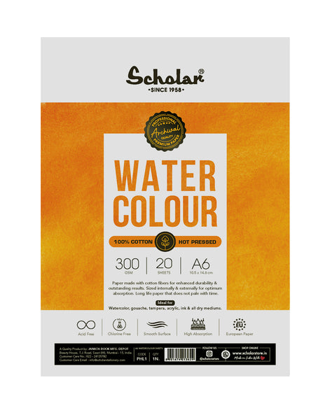 Scholar 100% Cotton Watercolour Paper 300 gsm Hot Pressed A6 20 Sheets (PHL1) (Pack of 2)
