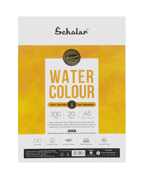 Scholar 100% Cotton Watercolour Paper 300 gsm Hot Pressed A5 20 Sheets (PHL2)