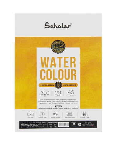Scholar 100% Cotton Watercolour Paper 300 gsm Hot Pressed A5 20 Sheets (PHL2)