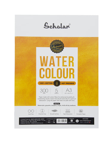Scholar 100% Cotton Watercolour Paper 300 gsm Hot Pressed A3 5 Sheets (PHL3)