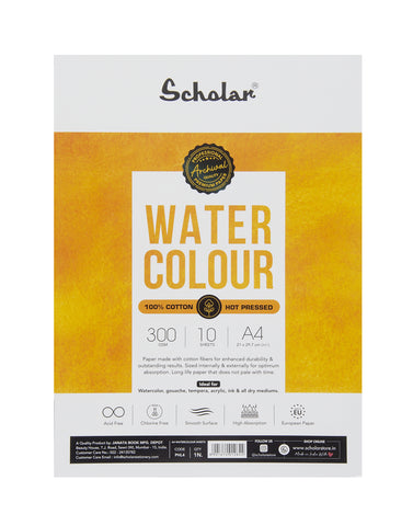 Scholar 100% Cotton Watercolour Paper 300 gsm Hot Pressed A4 10 Sheets (PHL4)