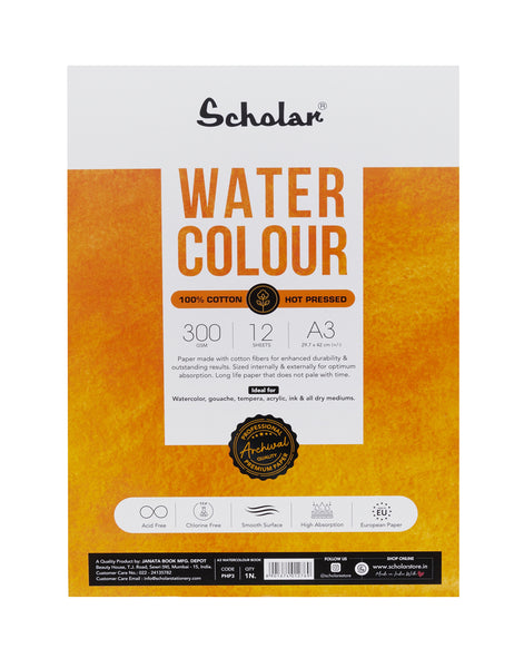 Scholar 100% Cotton Watercolour Pad 300 gsm Hot Pressed A3 12 Sheets (PHP3)