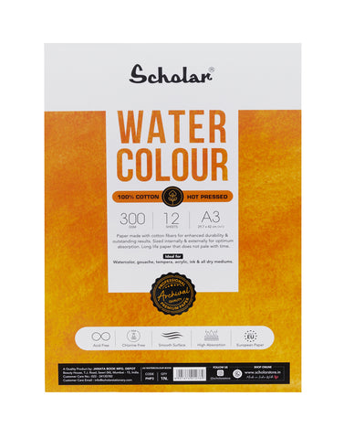 Scholar 100% Cotton Watercolour Pad 300 gsm Hot Pressed A3 12 Sheets (PHP3)