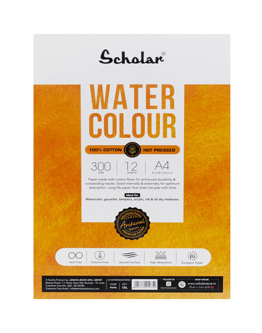 Scholar 100% Cotton Watercolour Pad 300 gsm Hot Pressed A4 12 Sheets (PHP4)