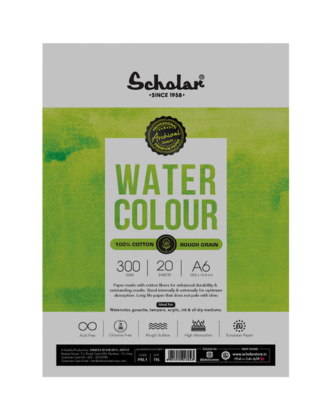 Scholar 100% Cotton Watercolour Paper 300 gsm Rough Grain A6 20 Sheets (PRL1) (Pack of 2)