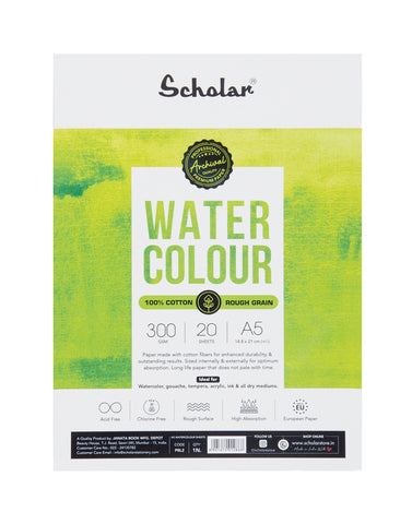 Scholar 100% Cotton Watercolour Paper 300 gsm Rough Grain A5 20 Sheets (PRL2)