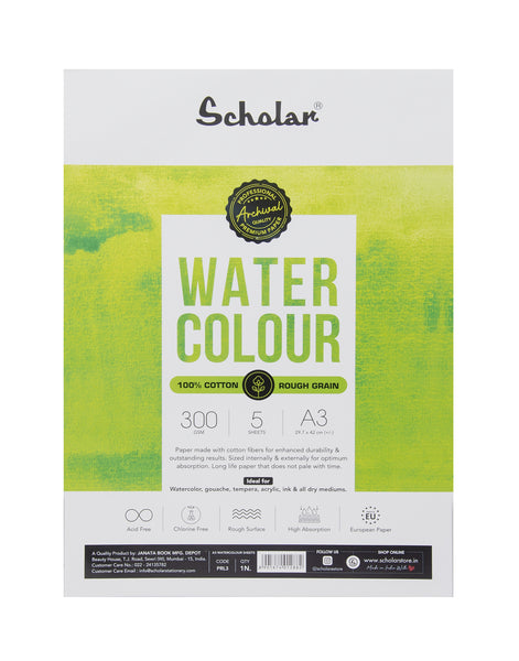 Scholar 100% Cotton Watercolour Paper 300 gsm Rough Grain A3 5 Sheets (PRL3)