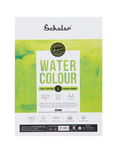 Scholar 100% Cotton Watercolour Paper 300 gsm Rough Grain A4 10 Sheets (PRL4)