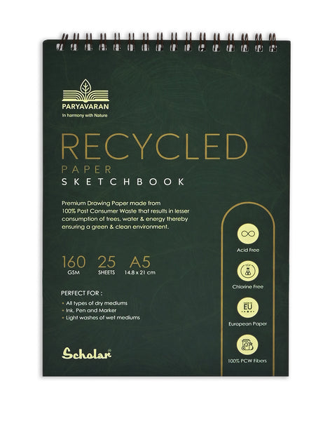 Scholar A5 100% Recycled Paper Sketchbook - 160 gsm Wire Bound (RCY2) (Pack of 2)