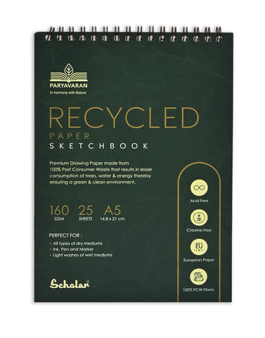 Scholar A5 100% Recycled Paper Sketchbook - 160 gsm Wire Bound (RCY2) (Pack of 2)