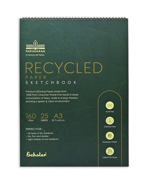 Scholar A3 100% Recycled Paper Sketchbook - 160 gsm Wire Bound (RCY3)